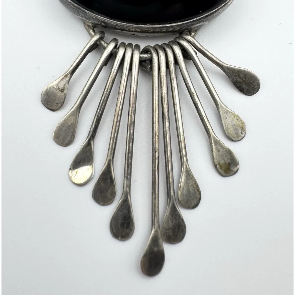 AIS Mexico Sterling Silver Black Onyx Brooch Pendant Fringe Dangles 27.3g